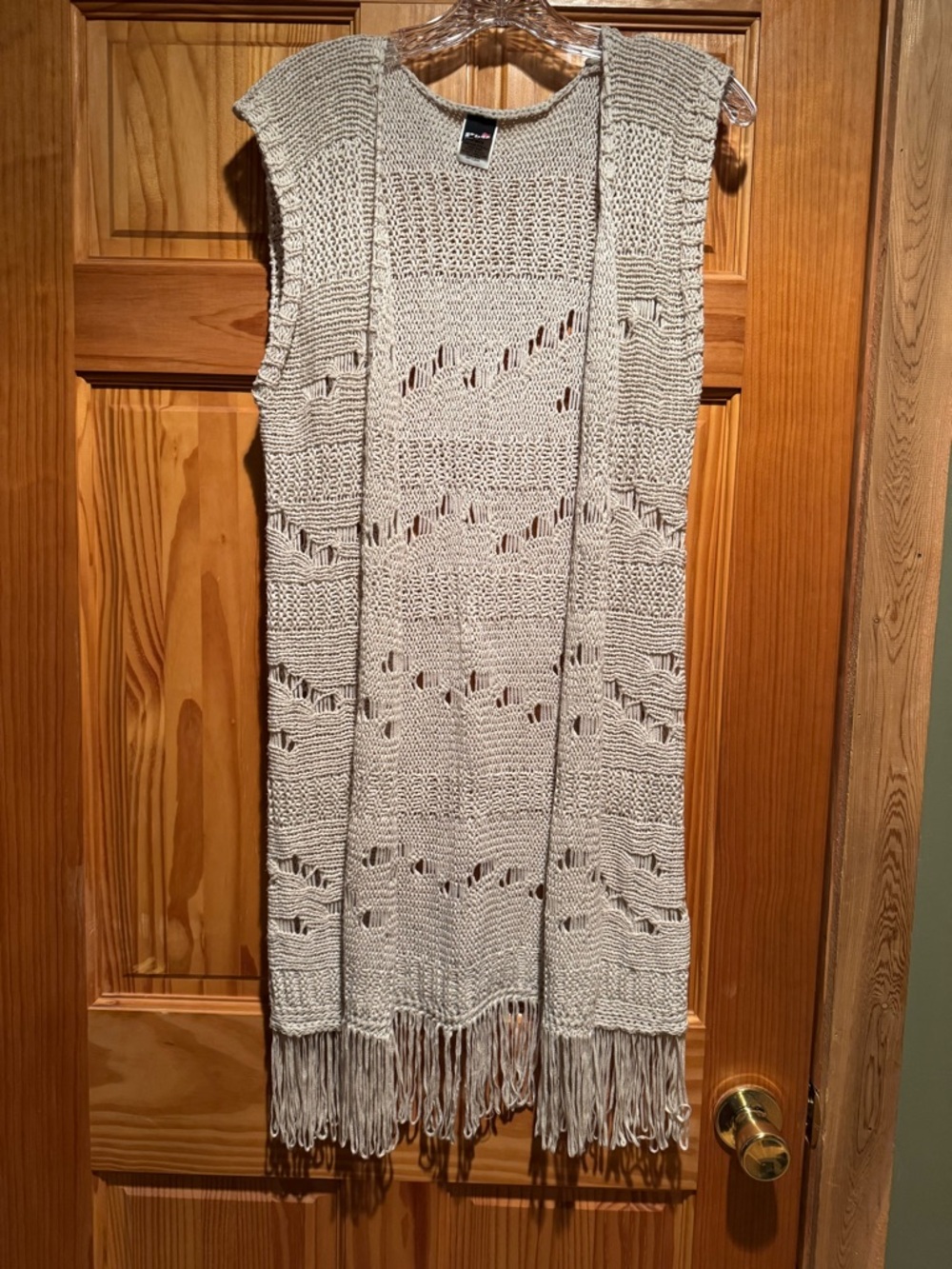 PhO Beige Open Knit Fringe Vest One Size